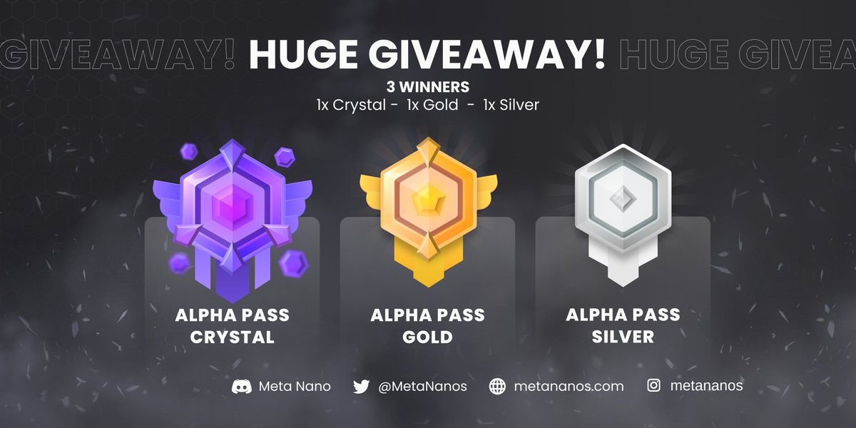 MetaNanos's tweet photo. 🚨 HUGE ALPHA PASS GIVEAWAY 🚨
 
METANanos is giving away 1x Silver 1x Gold and 1x Crystal Pass!
 
To Enter:
Follow @MetaNanos
♥️ (Like) + Retweet
 
#NFTGiveaway  #NFTCommunity #PlayToEarn  #P2E #NFTGaming 
 
Winner will be announced on our Twitter Channel on Sunday 23:59 CET! https://t.co/c5EOch32a3