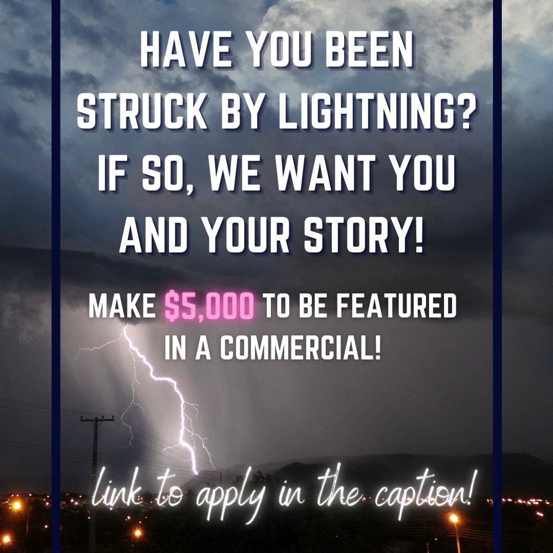 Have you or anyone you know been struck by LIGHTNING? NATIONWIDE Casting for a Paid Advertisement - $5,000.00 - Please TAG &amp; SHARE! 

Click the link below to learn more.  
oconnorcasting.tv/2021/12/17/lig…

#casting #castingcall #lightning #lightningstrike #lightningstrikesurvivor