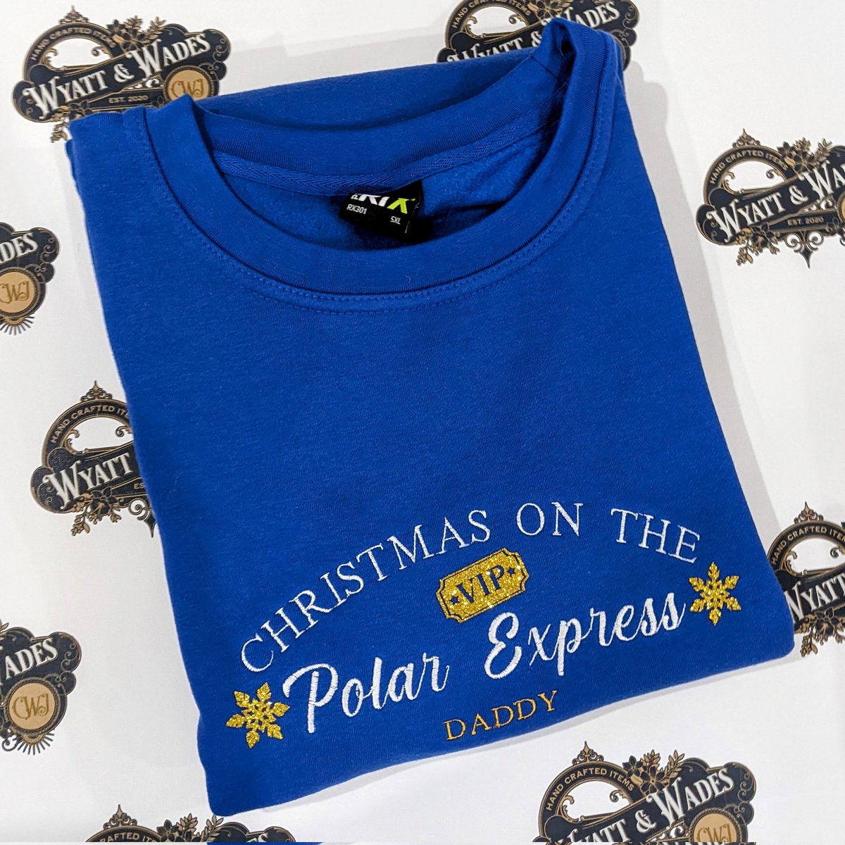 WyattAndWades's tweet photo. Love how these Polar Express sweaters came out! 

Personalised embroidery on each one and then some extra sparkly gold glitter vinyl to make them even more festive.

We hope these customers have the most magical time on the Polar Express meeting Santa! https://t.co/BPUsX9r651