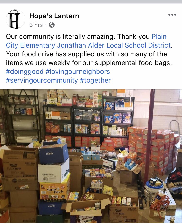 Thank You <a href="/PCElementary/">PlainCityElementary</a> Student Council for organizing this food drive. Over 12,000 food items were donated to Hope’s Lantern to help families in need. Love to see kids giving back to their community. <a href="/AlderSchools/">Jonathan Alder Local School District</a> <a href="/mrstarynfuller/">Dr. Taryn Fuller</a> <a href="/MrBradfordEDU/">Tyler Bradford</a>