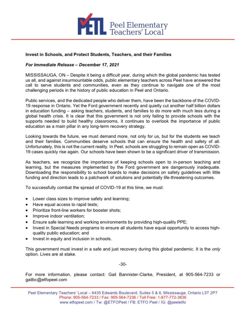 FOR IMMEDIATE RELEASE: Invest in Schools, & Protect Students, Teachers, & their Families “As Ts, we recognize the importance of keeping schools open to in-person teaching & learning, but the measures implemented by the Ford govt are dangerously inadequate.” #ETFO #onted #onlab