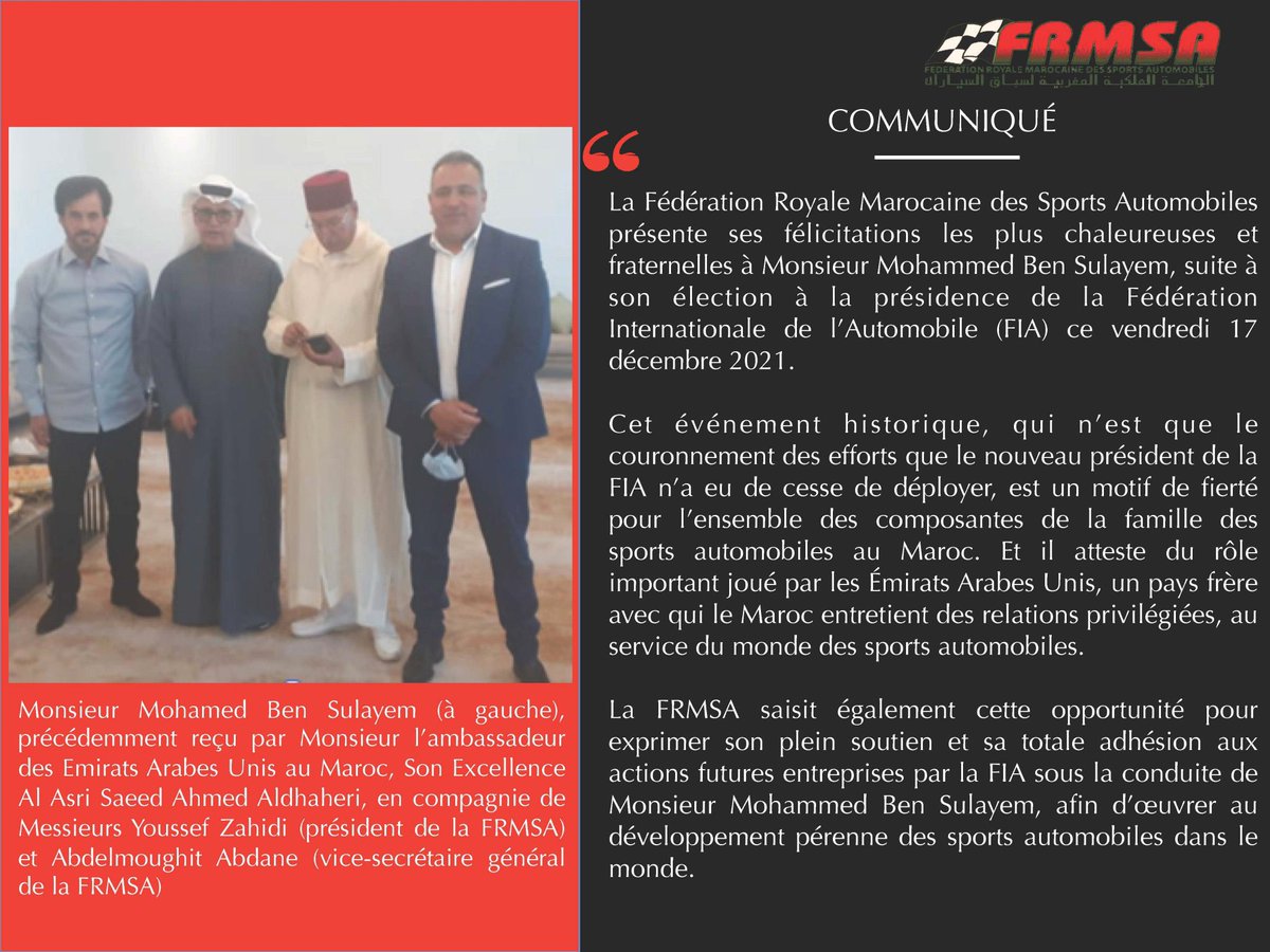 arryadiatv's tweet photo. Communiqué de la @frmsaevents après l’élection de Mohammed Ben Sulayem 🇦🇪 président de la @fia
#FIA #Maroc #FRMSA https://t.co/uJctOA5GEX