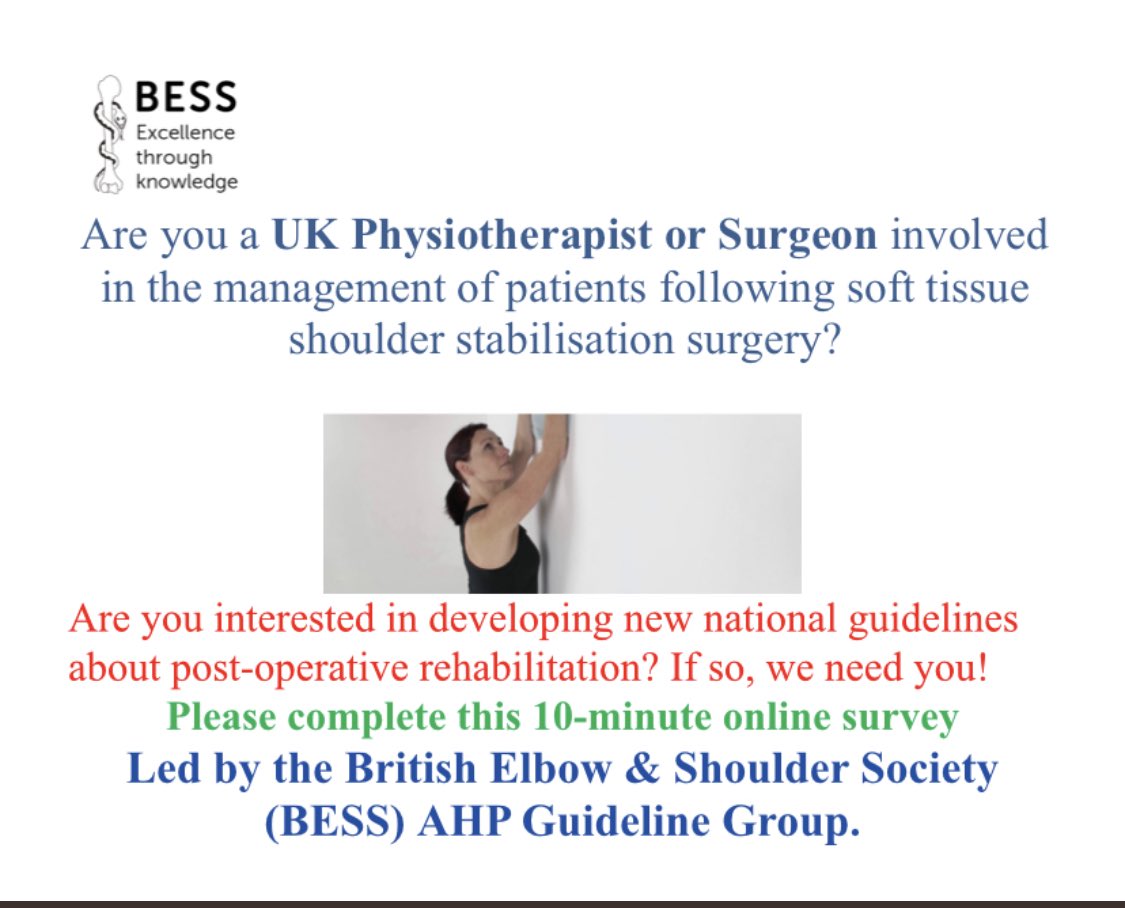 ShoulderGeek1's tweet photo. Calling UK based Physios and Surgeons! Please spare a few minutes to complete this survey and help us take the first step towards developing national rehab guidelines for patients after shoulder stabilisation
@UpperLimbs @bess_org #informingpractice https://t.co/2x7BweNMJM https://t.co/XWn7W3Bhos