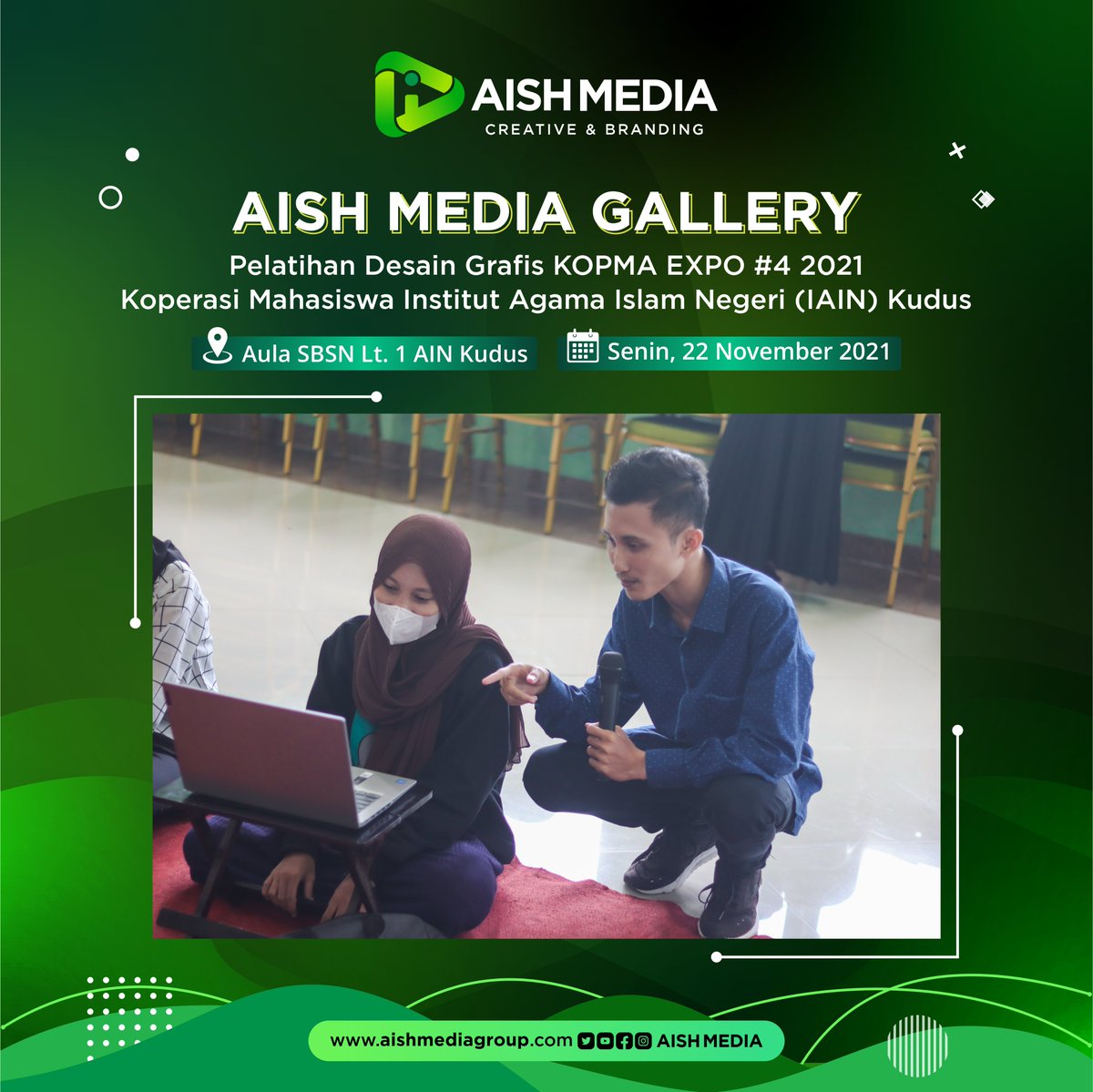AishMedia's tweet photo. PELATIHAN DESAIN GRAFIS
KOPMA EXPO #4 2021 Institut Agama Islam Negeri (IAIN) Kudus.

#aishmedia #aishmediagroup #PelatihanDesainGrafis #PelatihanDesain #DesainGrafis #WebinarDesainGrafis #WebinarDesain #PelatihanVideografi #PelatihanFotografi #PelatihanEditingVideo #IAINKudus https://t.co/hwdL5zsAIz