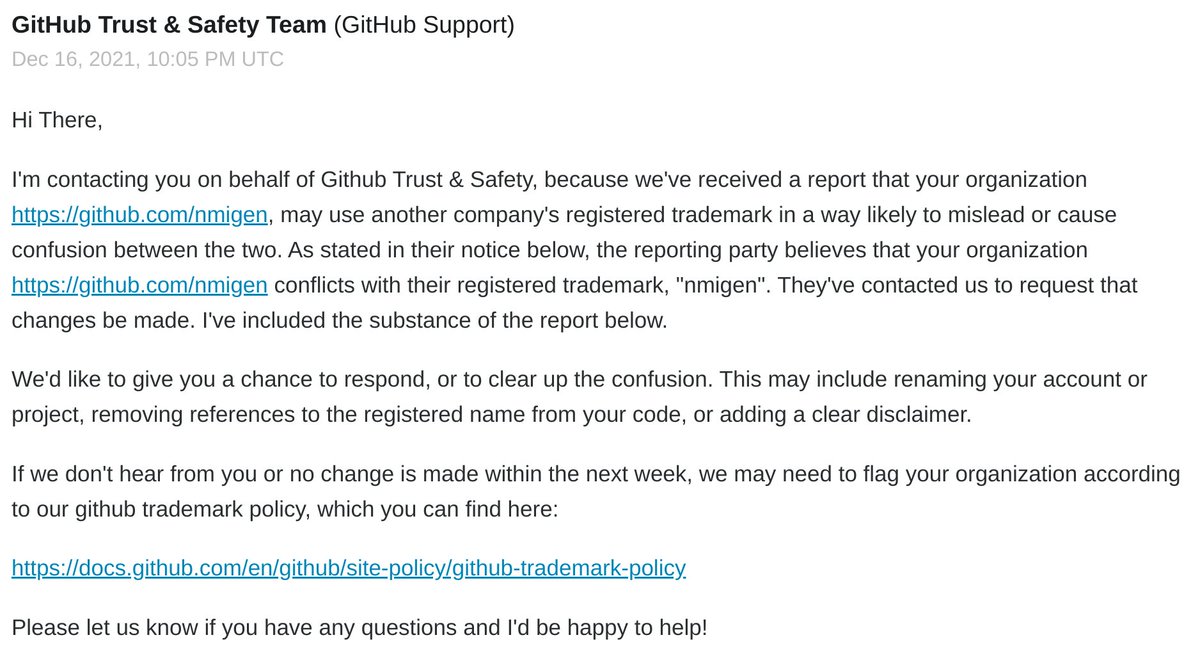 whitequark's tweet image. the story continues: a ~week *after* the project has been renamed, I receive an email from GitHub Trust & Safety talking about trademark infringement