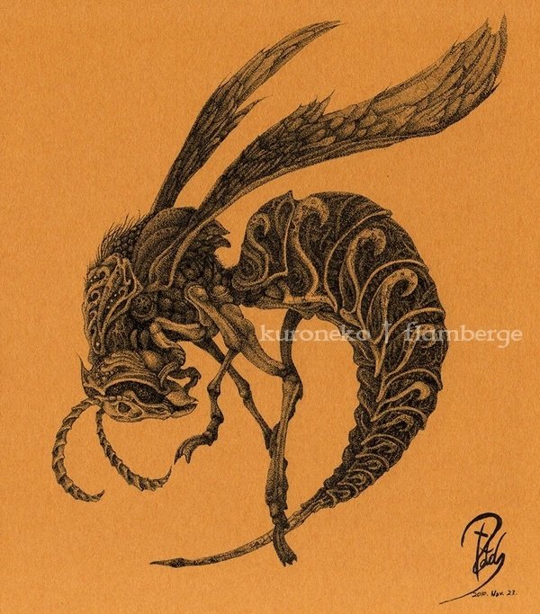「RT>このスズメバチの点描画は今から10年くらい前にオレンジブラウン色のイラスト」|黒猫†フランベルジュのイラスト