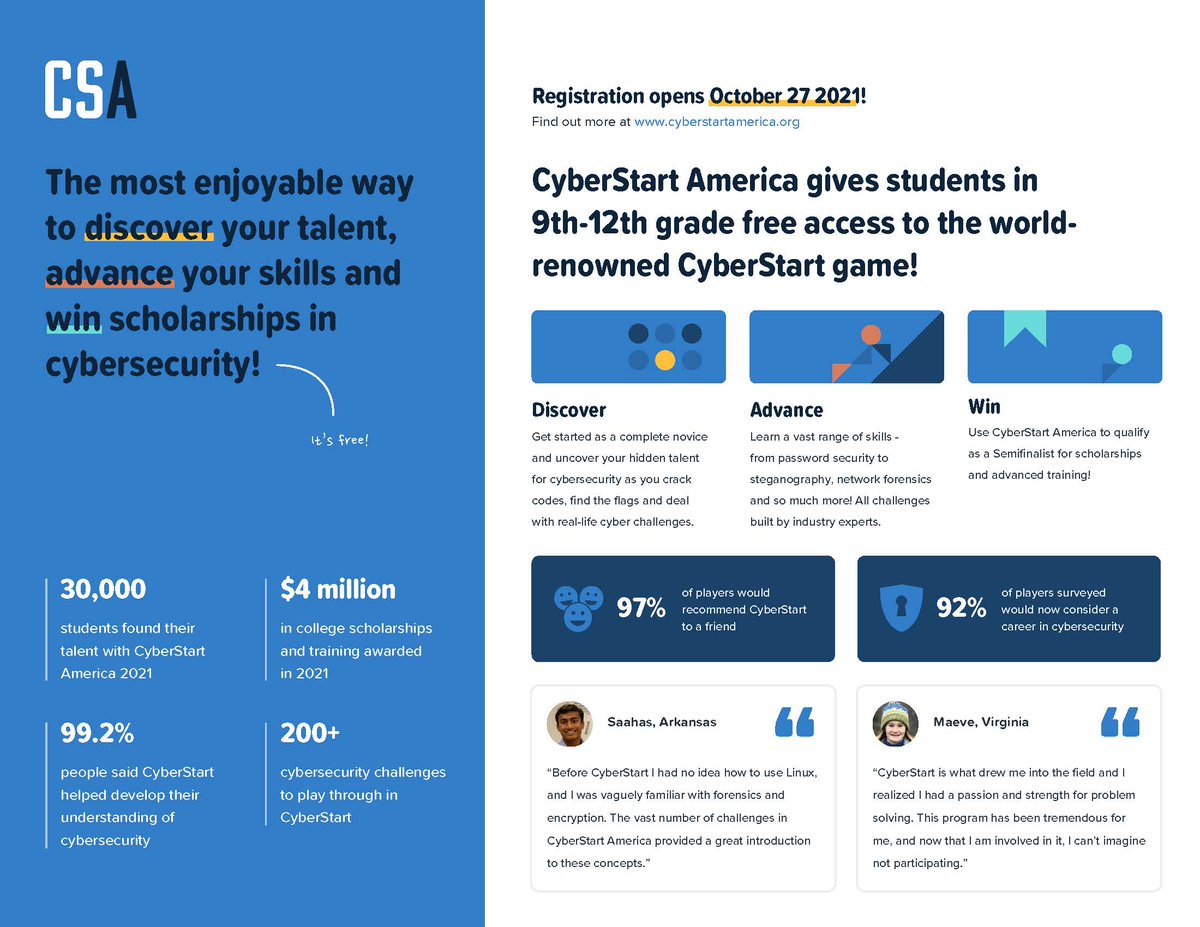 DE_DTI's tweet photo. ATTN High School &amp; College Students - Registration is open for CyberStart &amp; Cyber FastTrack! 💻 These FREE programs will help you to learn and then compete for more advanced cyber training scholarship awards! For more info &amp; to register visit https://t.co/or1zFEo4je @BGClubsDE https://t.co/2gr24LNoNa