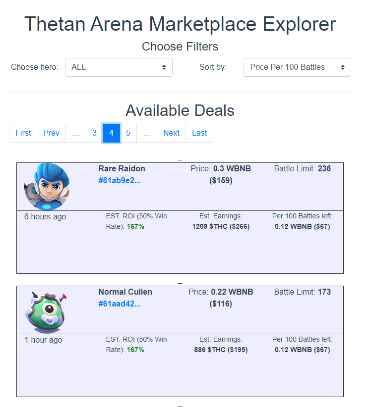 gamesplorer's tweet photo. New era in #ThetanArena marketplace!

Sort all available listings by ROI and cost per battle left in our new marketplace explorer tool!
https://t.co/c8yF0RrTDS

Max Retweet, plz
@ThetanArena https://t.co/8skIllKOgg