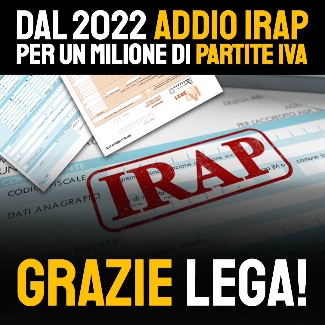 🔵#ARTIGIANI, #PROFESSIONISTI, #DITTE INDIVIDUALI: FINALMENTE #LIBERI DALL' #IRAP DAL #2022

#SPARISCE l' odioso #BALZELLO a carico dei #LAVORATORI con PARTITA #IVA.
Una #BATTAGLIA storica della #LEGA e di #MATTEOSALVINI.
Ancora una volta, #PROMESSA MANTENUTA.
Grazie Lega !!!