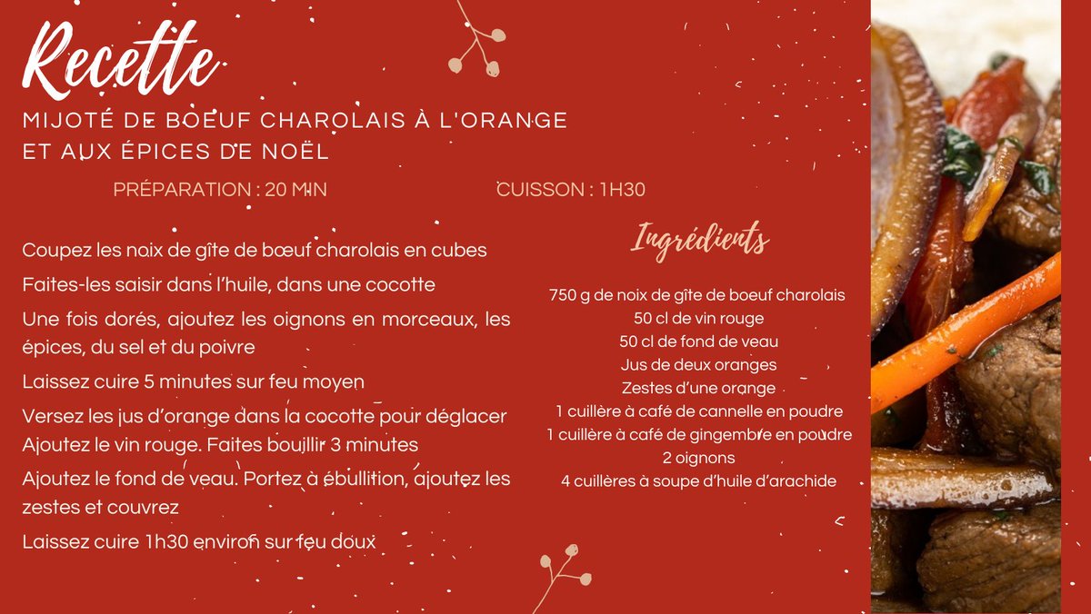 ja_somme's tweet photo. #CalendrierDeLavent 🌟 19 DÉCEMBRE 🌟

Marre de la dinde pour le repas de Noël ? 🍗

Et si vous optiez pour du bœuf avec cette délicieuse recette de mijoté de bœuf charolais à l'orange et aux épices de Noël 🌲 https://t.co/RuLHRjbj26