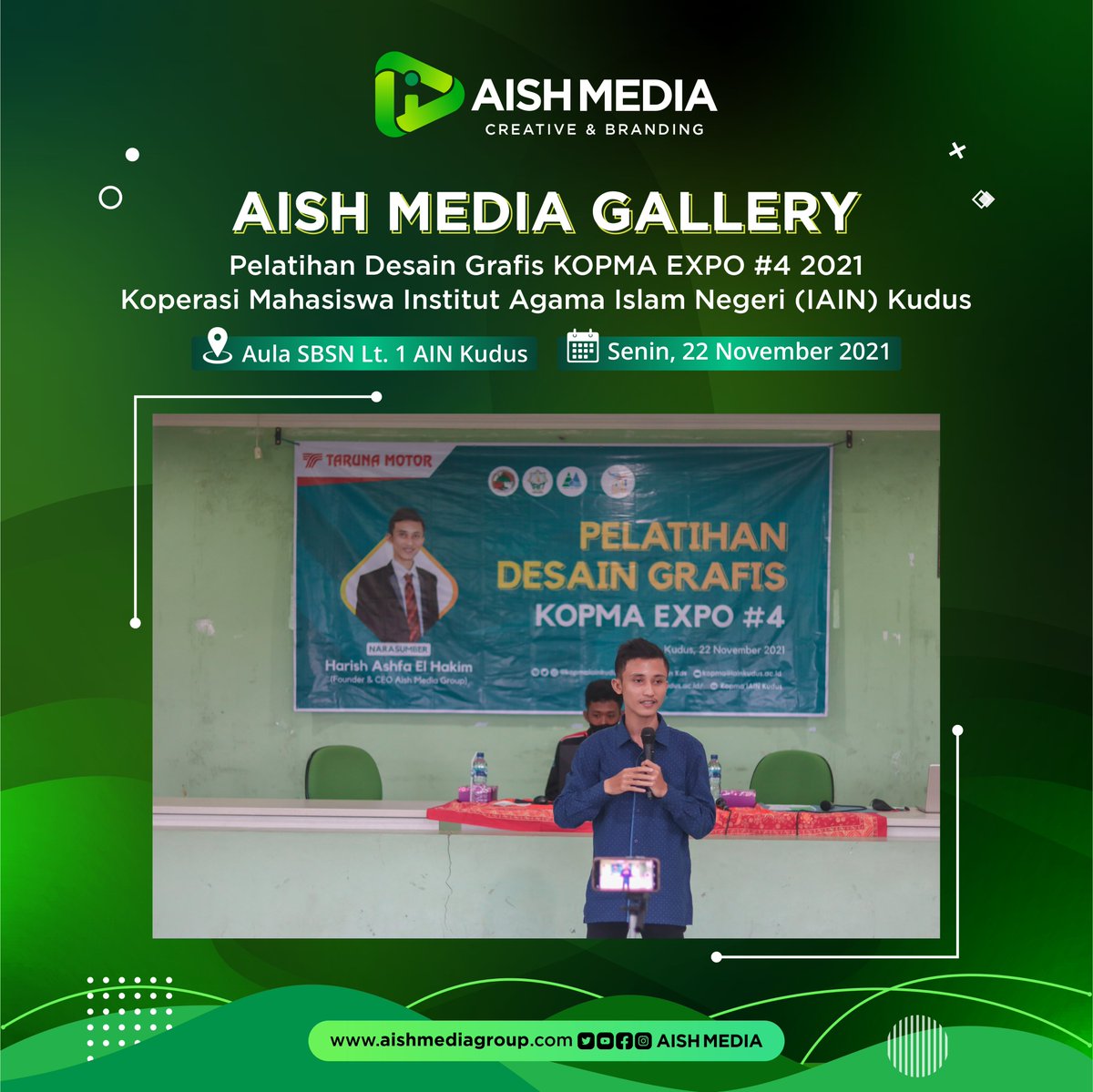 AishMedia's tweet photo. PELATIHAN DESAIN GRAFIS
KOPMA EXPO #4 2021 Institut Agama Islam Negeri (IAIN) Kudus.

#aishmedia #aishmediagroup #PelatihanDesainGrafis #PelatihanDesain #DesainGrafis #WebinarDesainGrafis #WebinarDesain #PelatihanVideografi #PelatihanFotografi #PelatihanEditingVideo #IAINKudus https://t.co/mR30WLsNIe