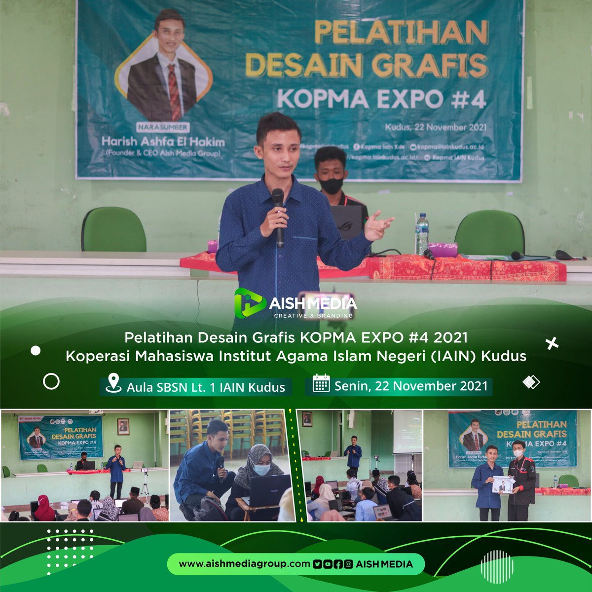 AishMedia's tweet photo. PELATIHAN DESAIN GRAFIS
KOPMA EXPO #4 2021 Institut Agama Islam Negeri (IAIN) Kudus.

#aishmedia #aishmediagroup #PelatihanDesainGrafis #PelatihanDesain #DesainGrafis #WebinarDesainGrafis #WebinarDesain #PelatihanVideografi #PelatihanFotografi #PelatihanEditingVideo #IAINKudus https://t.co/j1X7Ro5VjI