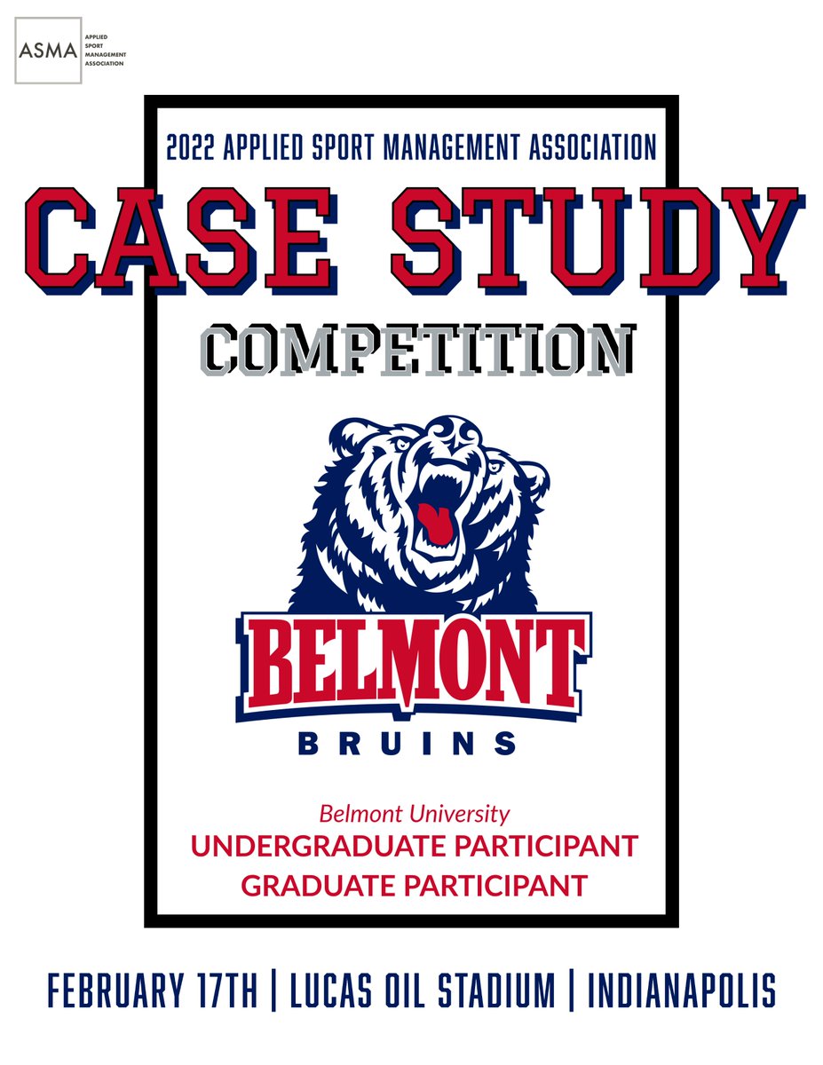 Just in.... <a href="/Belmont_SptAd/">Belmont Sport Administration</a> will be bringing an Undergraduate &amp; Graduate Case Study team to the 2022 Conference.

The Undergraduate Team will be led by <a href="/Kristi_Oshiro/">Kristi Oshiro, Ph.D.</a> &amp; <a href="/robbiematz/">Robbie Matz</a>. The Graduate Team, which won the 2019 Competition, will be led by @ProfPfleegor.

See you in Feb!