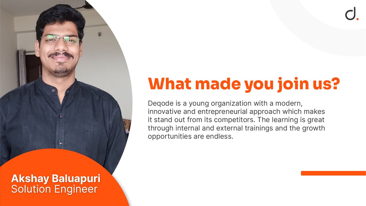 deqodesolutions's tweet image. Meet Akshay, who is a part of our backend team at Deqode. Here's his story of joining us. 
#SolutionEngineer #Joining #SoftwareDeveloper  #EmployeeTestimonial #LifeAtDeqode #Tech #Deqode