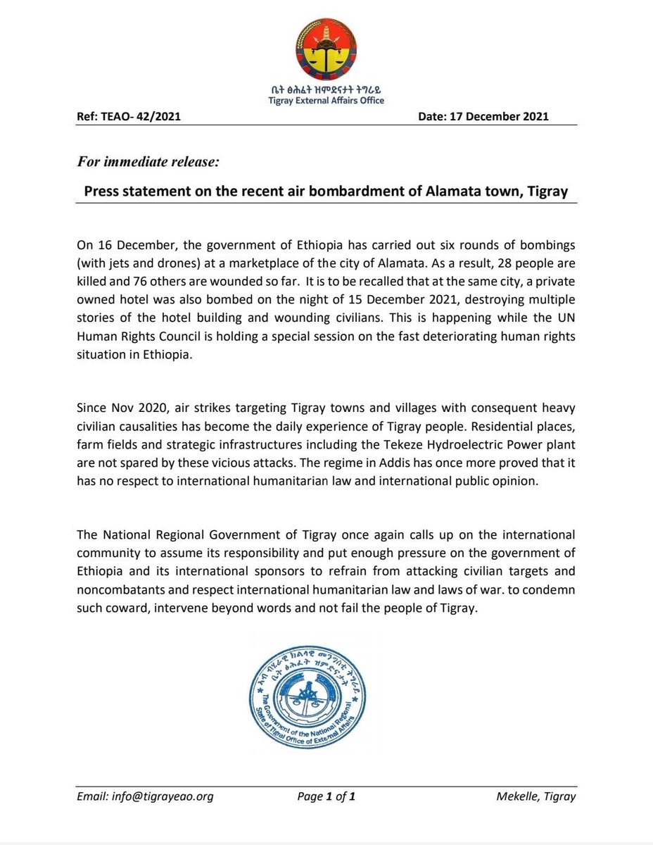 Tmhtvnews's tweet photo. Press statement on the recent air bombardment of Alamata town, Tigray
On 16 December, the gov. of Ethiopia has carried out six rounds of bombings
(with jets and drones) at a marketplace of the city of Alamata. As a result, 28 people are
killed and 76 others are wounded so far. https://t.co/VGugMJaH5w