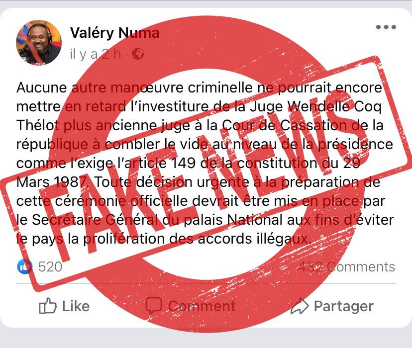 SkasonBaptiste's tweet photo. Ayiti / 17 desanm 2019 : Mesye Valéry Numa pa fè okenn deklarasyon ki gen awè ak « investiture de la Juge Wendelle Coq Thélot » sou okenn rezo sosyal.
Sa vle di, kapti ekran nou wè k ap sikile yo, swa se moun mal entansyone, oubyen lòt ki twonpe yo de bòn fwa.
1/3 ⤵️ https://t.co/hJCbLQTDgN