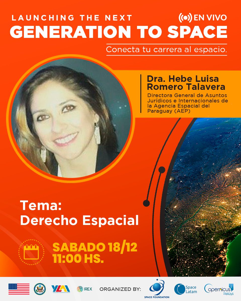 CNC_UNA's tweet photo. 📆 Mañana, sábado 18/12 a las 11h. Charla imperdible con la Dra. Hebe Luisa Romero Talavera, Directora General de Asuntos Jurídicos e Internacionales de la @agenciaespacia3 👉Registro desde: https://t.co/r7oQ8PutZV @SpaceLatam https://t.co/326oG0nacj