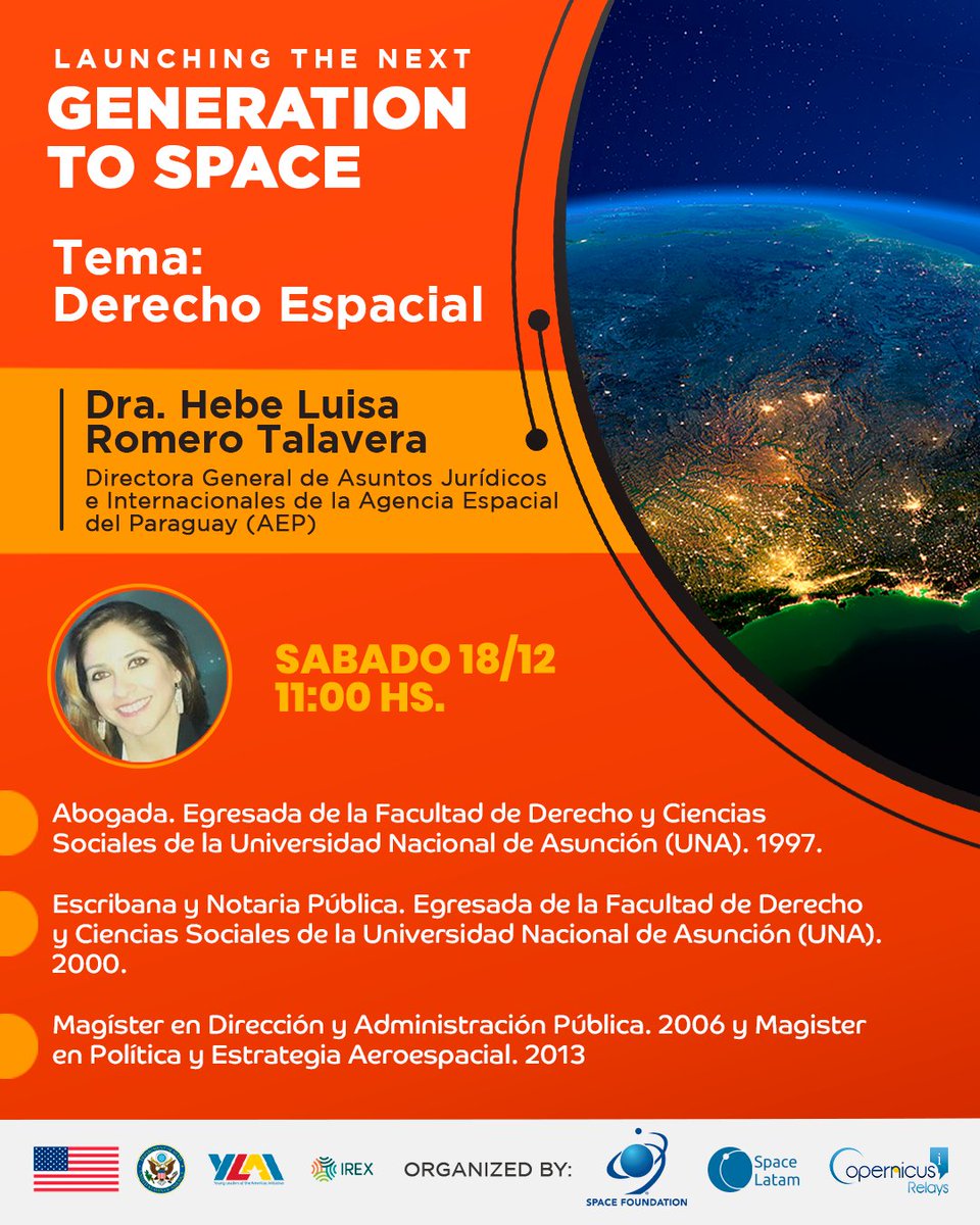 CNC_UNA's tweet photo. 📆 Mañana, sábado 18/12 a las 11h. Charla imperdible con la Dra. Hebe Luisa Romero Talavera, Directora General de Asuntos Jurídicos e Internacionales de la @agenciaespacia3 👉Registro desde: https://t.co/r7oQ8PutZV @SpaceLatam https://t.co/326oG0nacj