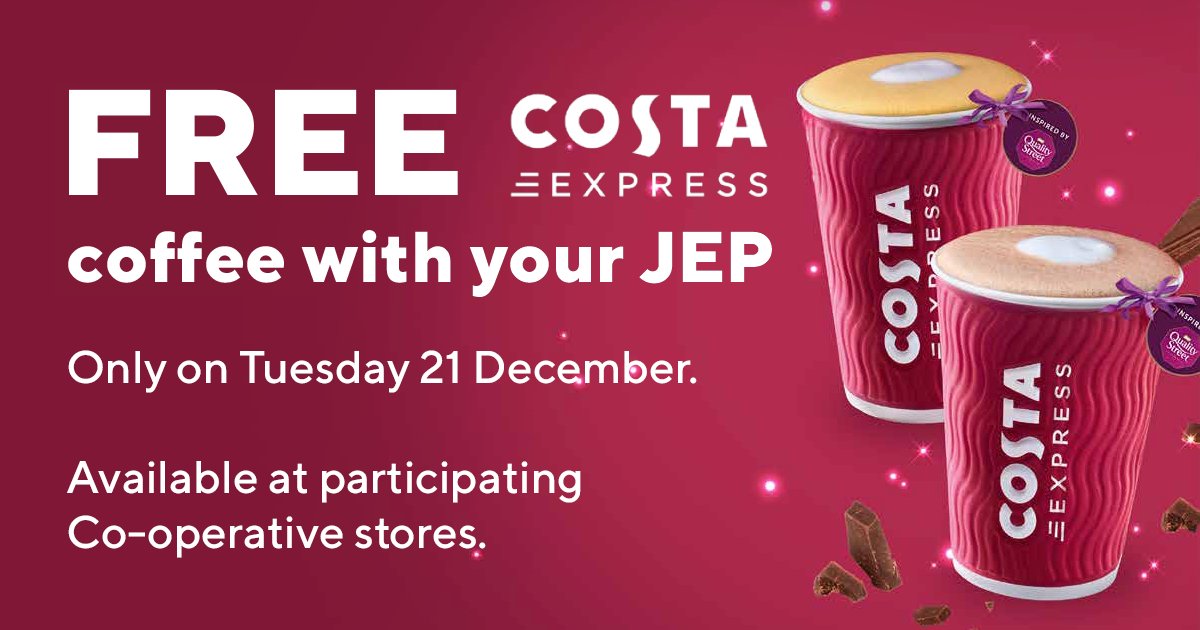 CI_Coop's tweet photo. Get a free Costa Express Coffee when you buy the @jepnews today at your local Co-op* π°β
Visit our website to find out more: https://t.co/R7xdZvq4cM
* Selected stores only. Only available on Tuesday 21 December 2021.
#coffee #costa #cicoop #jersey #freebie https://t.co/qQA3RbbFiM