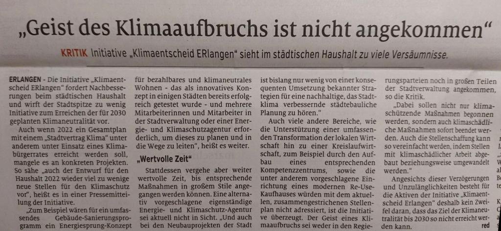 Ob all dieser Verzögerungen und Unzulänglichkeiten besteht für die Aktiven der Initiative „Klimaentscheid Erlangen“ leider kein Zweifel daran, dass das Ziel der Klimaneutralität bis 2030 so nicht erreicht werden kann. Und unter vorgehaltener Hand bestätigen dies auch Experten.
