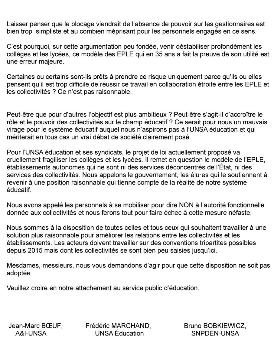 BDuniau's tweet photo. Lettre ouverte de @UNSA_Education @aeti_unsa @snpden portant sur l'article 41 de la #loi3ds transmise aujourd'hui aux élues et élus de @Departement19 @hautevienne_dep @Departement_23 https://t.co/QP2e6LlDsh
