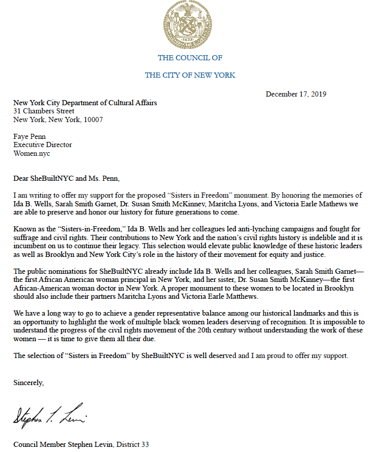 rauldougou's tweet photo. .@StephenLevin33 wrote this letter supporting #SisterInFreedom 2 years ago today. We want the #BlackSuffragist statue at Abolitionist Place plaza, fulfilling Mayor Bloomberg's promise for the site.

@NYCEDC by contrast wants a dog run there—next to @227Place, a likely #UGRR stop. https://t.co/eRvQTQMXdw