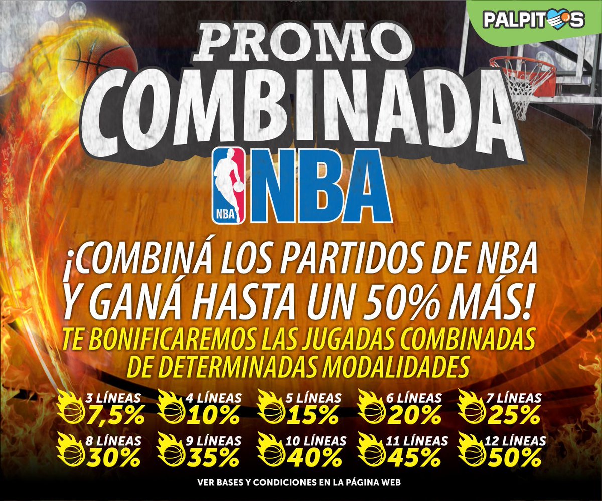 💪 ¡Empezó la promo #CombinadaNBA de <a href="/palpitosok/">Pálpitos</a>! 💚 🏀 Combiná los partidos de NBA y ganá hasta un ¡50% más! Bases y condiciones ➡️ bit.ly/3p1ZiVN