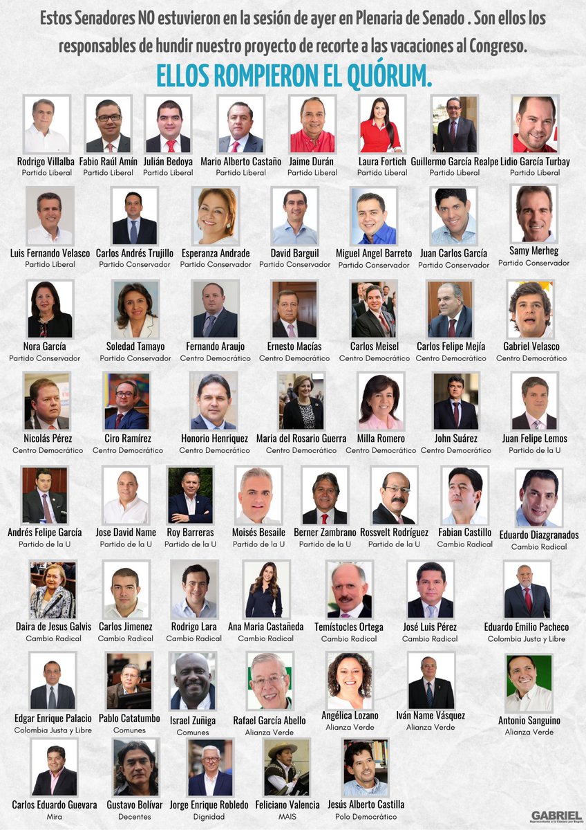<a href="/GabrielSantosCD/">Gabriel Santos</a> Aquí están los congresistas que se volaron para romper el quórum y no votar para rebajarse las vacaciones

Entre esos están los FARComunes,verdes, decentes y progres que todo el año se las dan de luchadores contra la corrupción pero a la hora de la hora son igualitos a la derecha