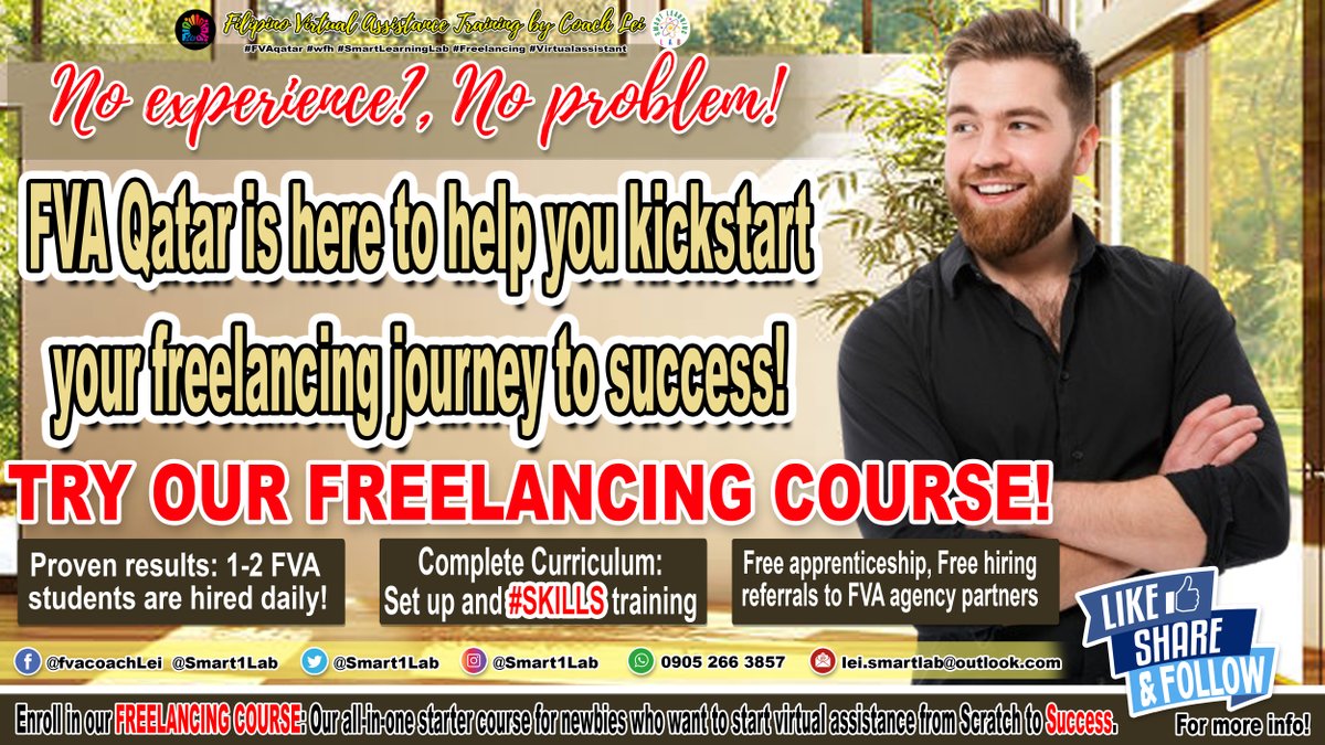 SmartLearninLab's tweet image. 𝐄𝐧𝐫𝐨𝐥𝐥 𝐰𝐢𝐭𝐡 𝐅𝐕𝐀’𝐬 𝐅𝐫𝐞𝐞𝐥𝐚𝐧𝐜𝐢𝐧𝐠 𝐂𝐨𝐮𝐫𝐬𝐞, 𝐚 𝐡𝐨𝐥𝐢𝐬𝐭𝐢𝐜 𝐭𝐫𝐚𝐢𝐧𝐢𝐧𝐠 𝐟𝐨𝐫 𝐚𝐥𝐥 𝐧𝐞𝐰𝐛𝐢𝐞𝐬 𝐢𝐧 𝐟𝐫𝐞𝐞𝐥𝐚𝐧𝐜𝐢𝐧𝐠.

#Freelancing
#OnlineJobs
#FVAQatar
#surge
#Qatar
#OFW
#fvaconsultancy
#filipinovirtualassistance
#SmartLearningLab