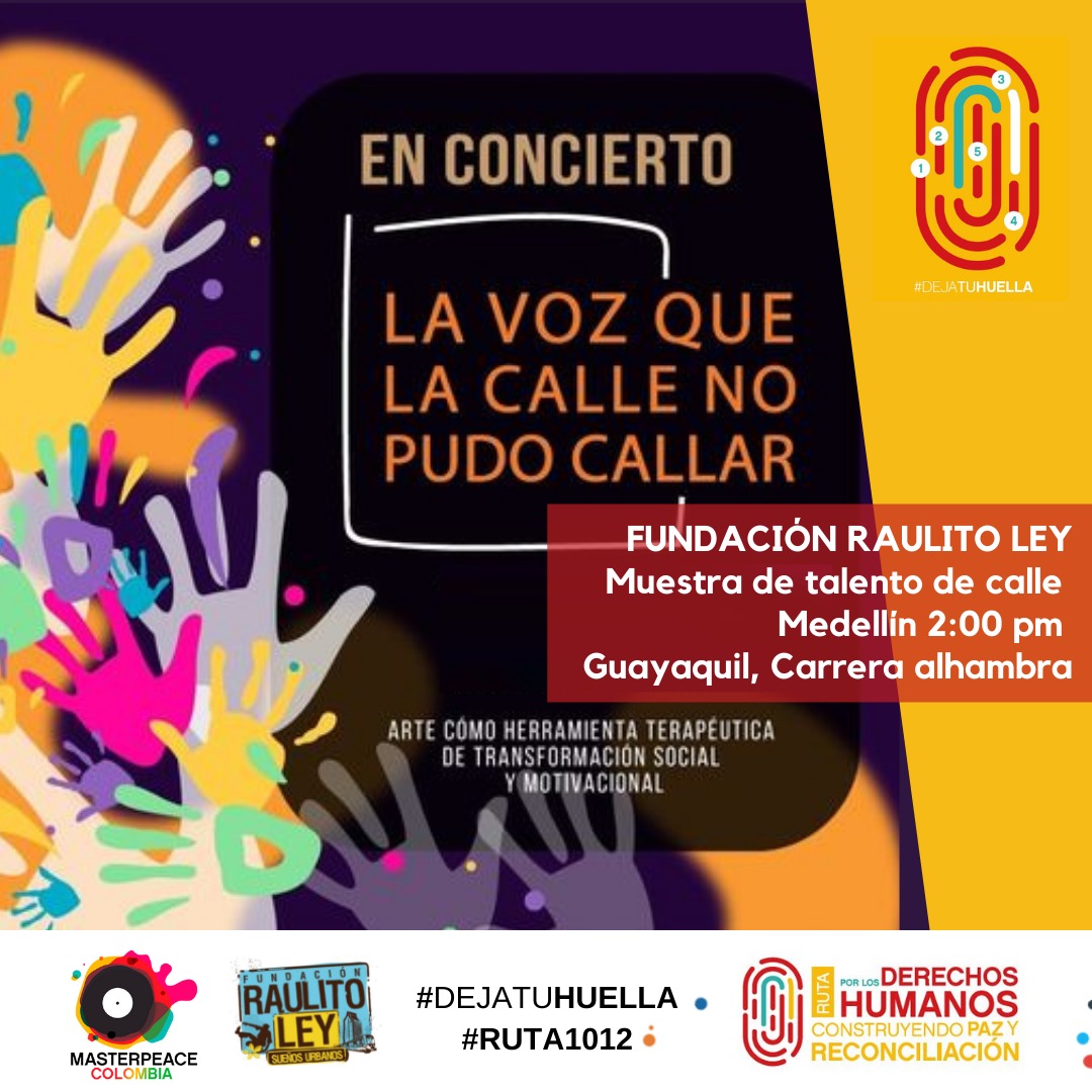 museoMAUA's tweet photo. Seguimos con la #Ruta1012
Hoy 2pm participa y acompañanos en el concierto “La Voz Que La Calle No Pudo Callar” organizado por @funraulitoley en el sector de Guayaquil en Medellín. 

Súmate y haz parte del movimiento.
¡Inscríbete! https://t.co/SCRgVxrpkd
@masterpeace_col https://t.co/OKTnAmPLSB