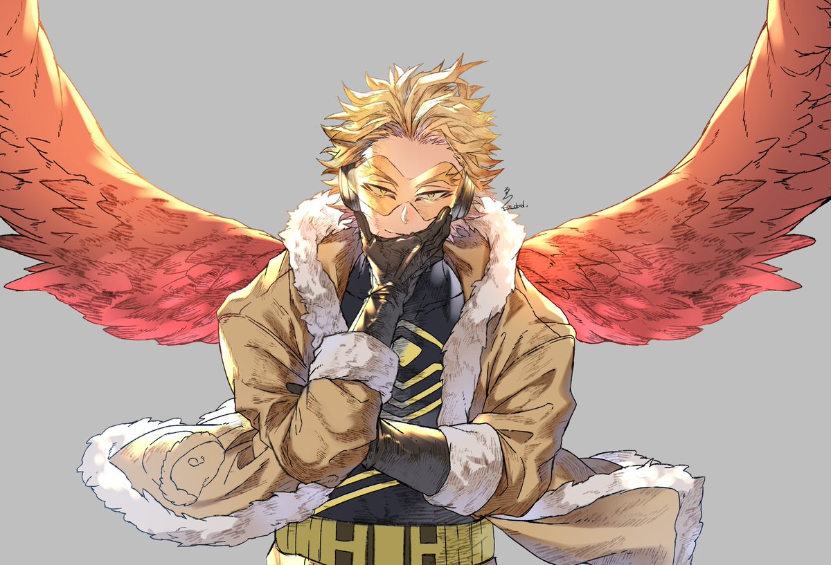 hawks (boku no hero academia) 1boy male focus solo blonde hair gloves fur trim wings  illustration images