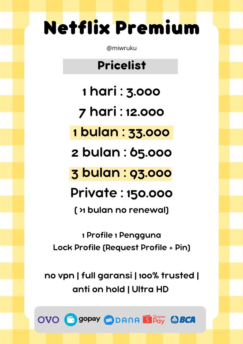 jenniaruby's tweet photo. TERMURAH! 🙀 kamu lagi cari netflix premium murah berkualitas? 🧐 @miwruku jual nih! dijamin fastresp 🤩

1 profile 1 pengguna, legal, no vpn, bergaransi, bisa req profile+pin 🧚‍♀️

📩 DM @miwruku or wa https://t.co/DFVi8z08rj https://t.co/PYhA2UA20s