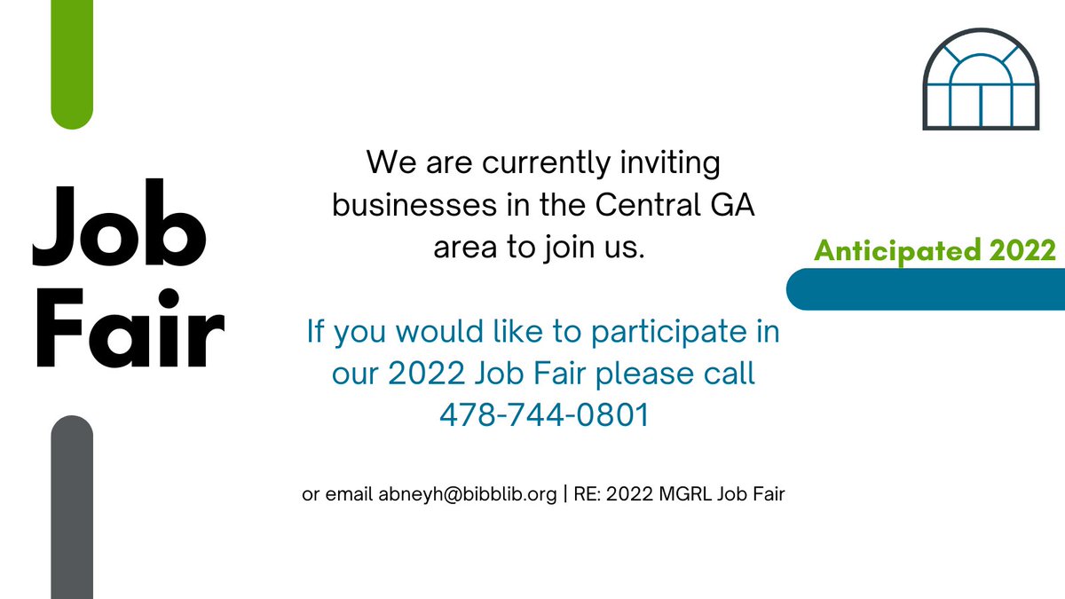 MGRLibraries's tweet photo. #CentralGA businesses interested in participating in our #jobfair planned for mid-late Jan, early Feb 2022, reach out to us at abneyh@bibblib.org or call 478-788-0801 https://t.co/AZvKuZjgMg