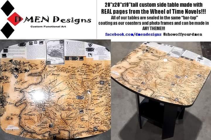DmenDesigns's tweet photo. Looking for the perfect gift for that #WheelOfTime fan? How about this one-of-a-kind table?!?!? Made with an "aged" map print and REAL pages from the novel series!
#TwitterOfTime #ShowOffYourDmen #DmenDesigns #WheelOfTime 
@TheWheelOfTime #TableOfTime #WoT #WoTBookSpoilers https://t.co/B8NP9ZCVf0