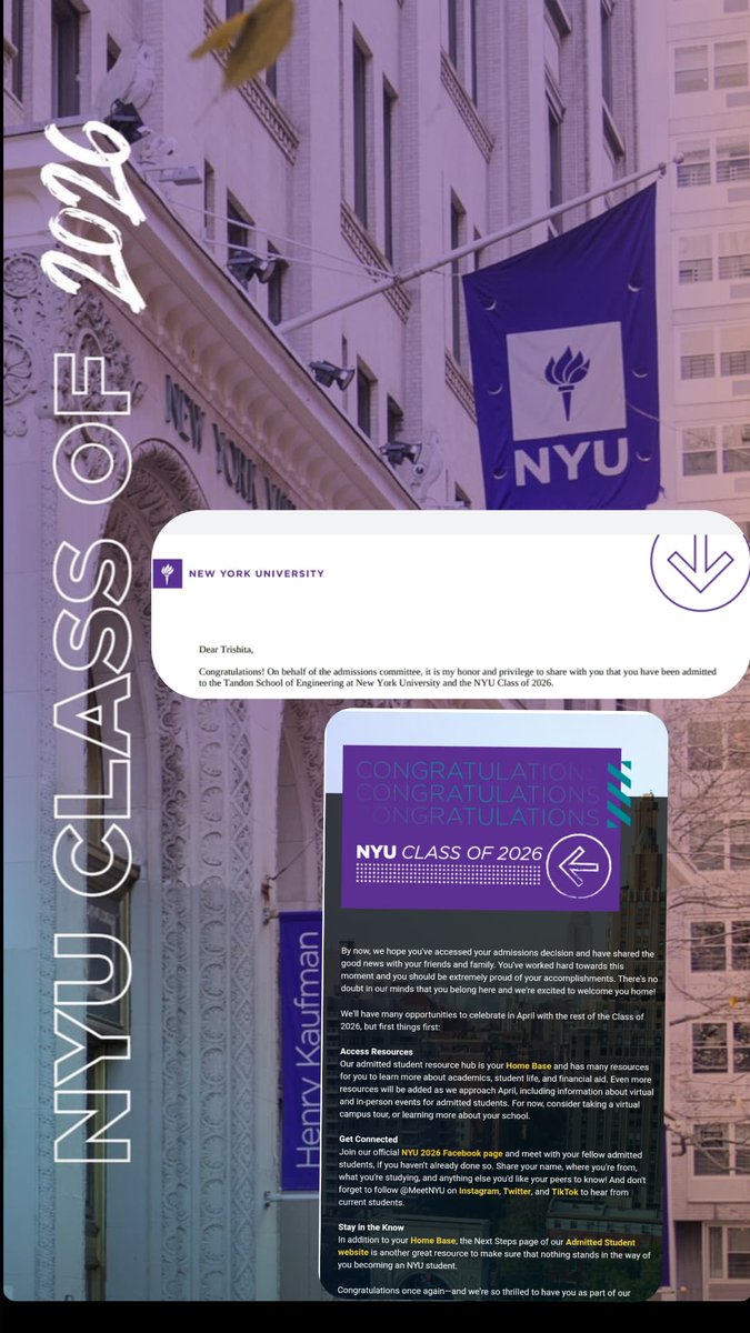 Bestiessss, I GOT INTO NYU !!! 💜💜💜💜This feels so great and I am overwhelmed that I got into NYU's Tandon School of Engineering with merit based scholarship of worth $31,700 💜  grateful
#meetnyu #nyu2026 #tandonschoolofengineering #EarlyDecision #collegedecision #studyabroad