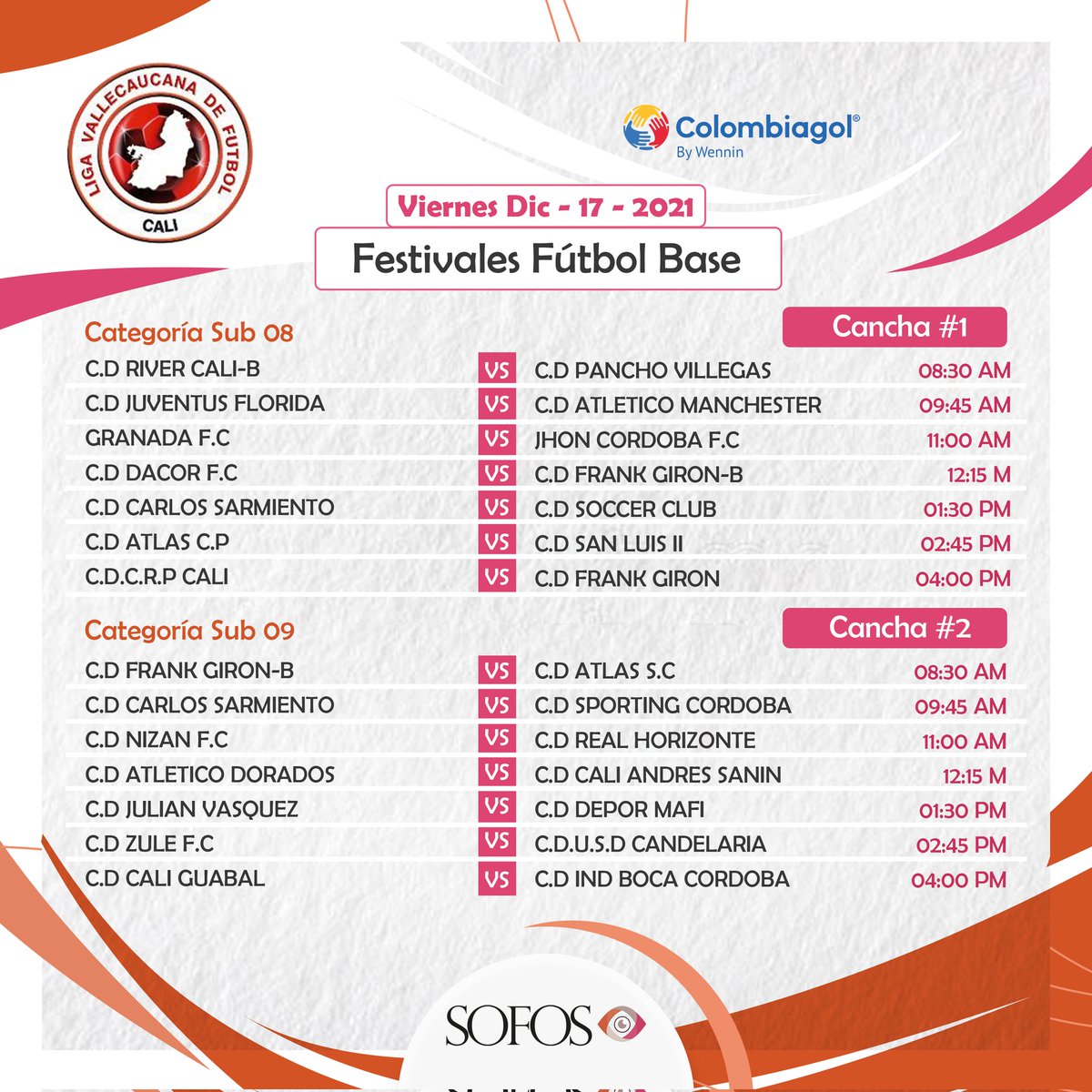 SofosProduccion's tweet photo. 📆 Esta es la programación del segundo día de competencias en el Campeonato Departamental de Liga 2021.
#FamiliaSOFOS https://t.co/cgKou2uuvI