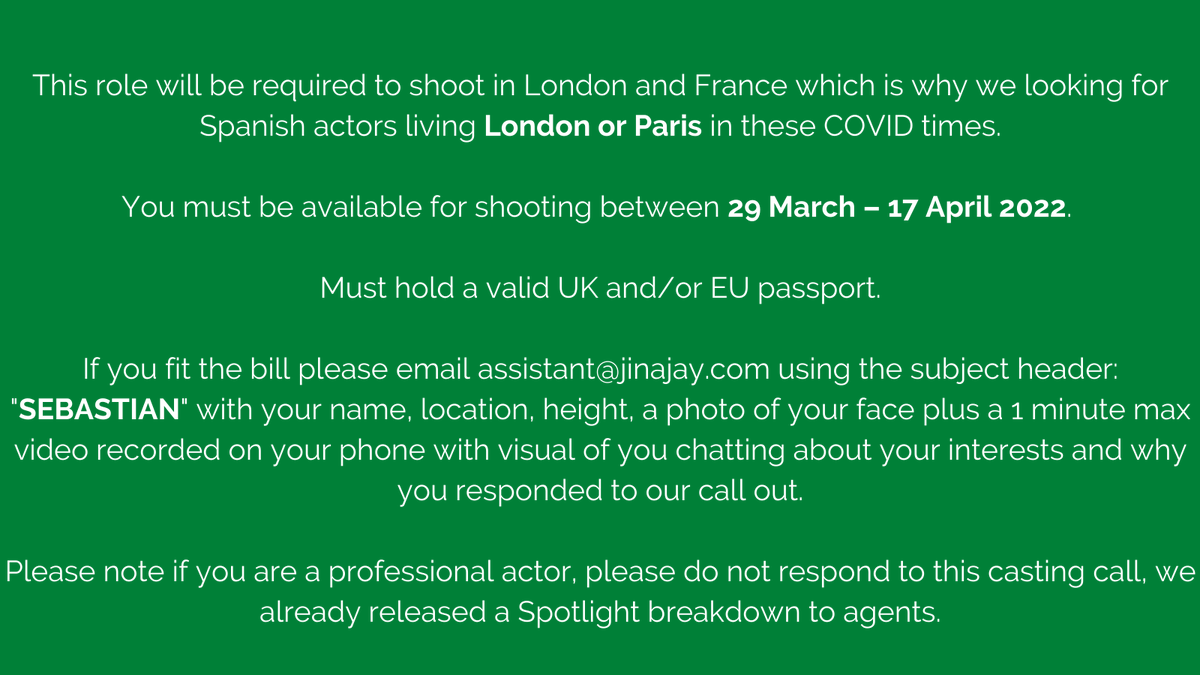 Please share | Casting Call! 

Casting Call for a 3-part miniseries for Netflix

Please get in touch as soon as possible if this is you!

Text version: txt.do/td5n1

#casting #netflix #miniseries #spanish #audition #openaudition