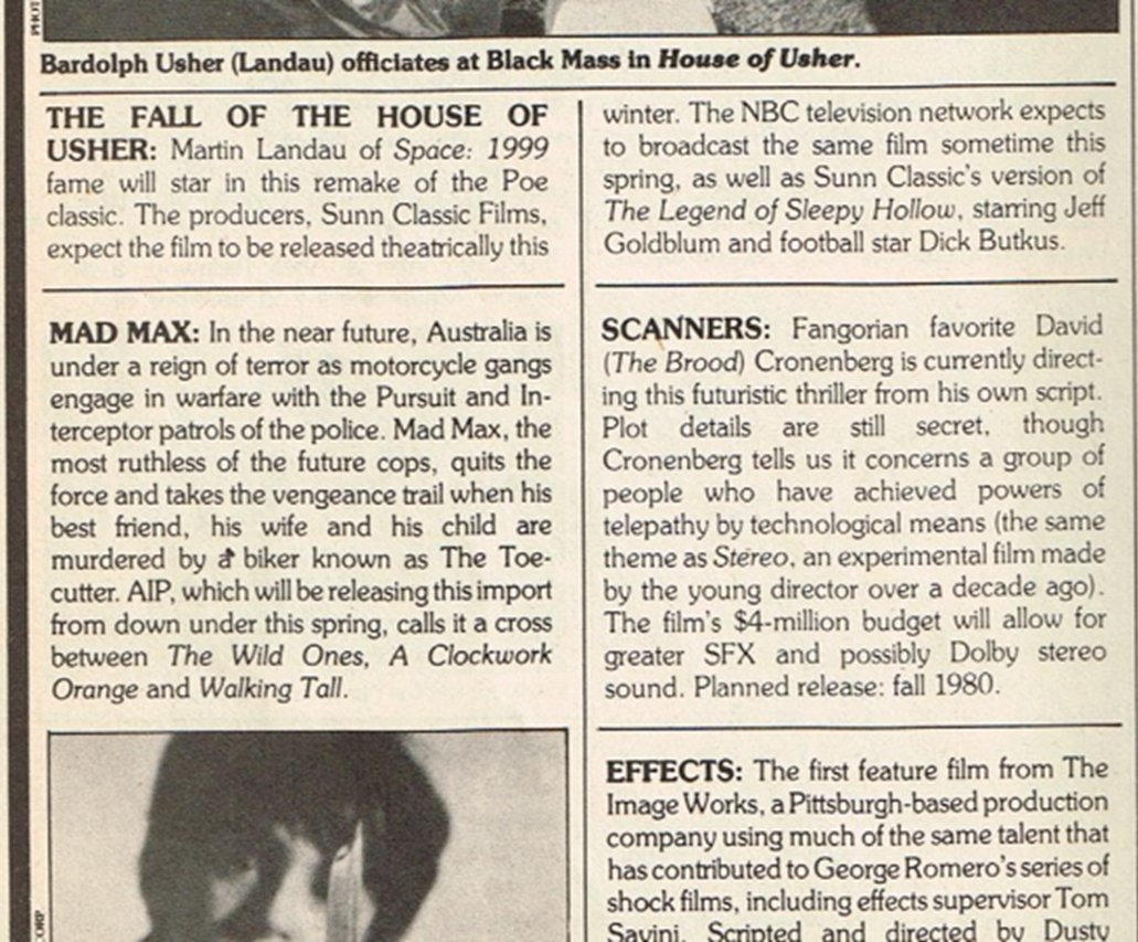 AlexVorkov's tweet photo. From FANGORIA #4, published in late 1979. Preview teasers for then-future theatrical releases of THE FOG, FRIDAY THE 13th, MAD MAX, and SCANNERS. 

Hard to imagine now a time when those films didn't exist.
#HorrorMovies #MonsterMagazines https://t.co/jRUgbuQHzp
