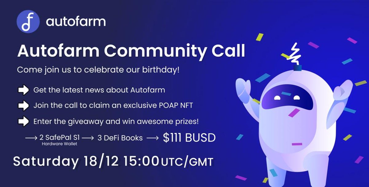 autofarmnetwork's tweet image. Happy Birthday #Autofam! 🎂

We wouldn't be here without you, so we'd love to celebrate together in our Twitter Spaces on 18 Dec!

🎁 As it's our birthday, we're extending our giveaway and adding an extra $111 $BUSD. Just follow all the steps below 😉

giv.gg/RNtBXm
