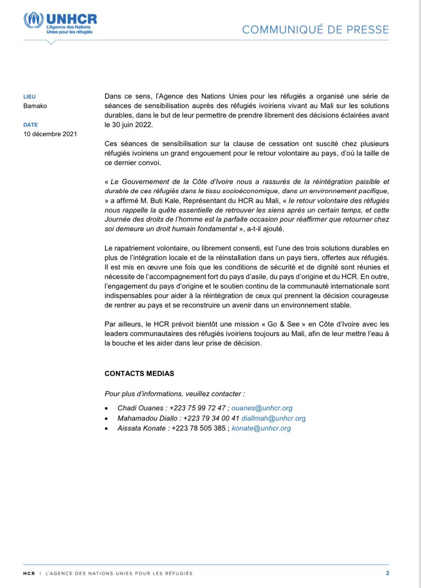 UNHCRMali's tweet photo. Nous avons facilité le 3ème rapatriement volontaire de 164 réfugiés ivoiriens, à l’aube de la levée du statut de réfugié pour les ivoiriens.

🇲🇱➡️🇨🇮

Une mission ‘Go &amp; See’ a été menée en parallèle ac. celles &amp; ceux qui sont restés pour avoir l’eau à la bouche.

#SolutionDurable https://t.co/p3jtE1tp2E