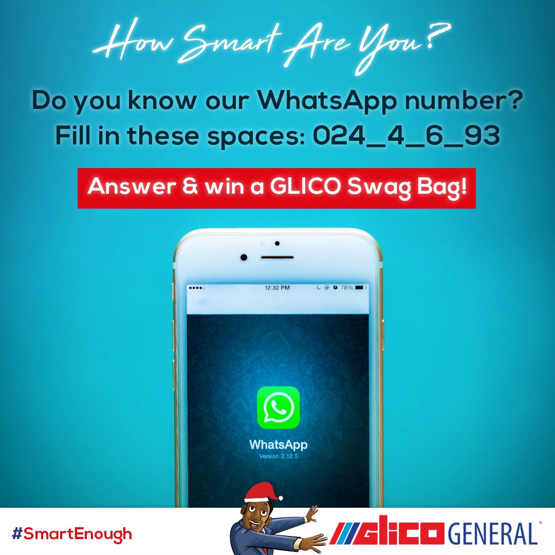 Glicogeneral's tweet photo. Everything happens on WhatsApp, even buying policies. Fill in the blank spaces to get our WhatsApp number and buy your policies today! Answer correctly and win a swag bag from GLICO General! #HowSmartAreYou #SmartEnough https://t.co/iDdiRMuuj1