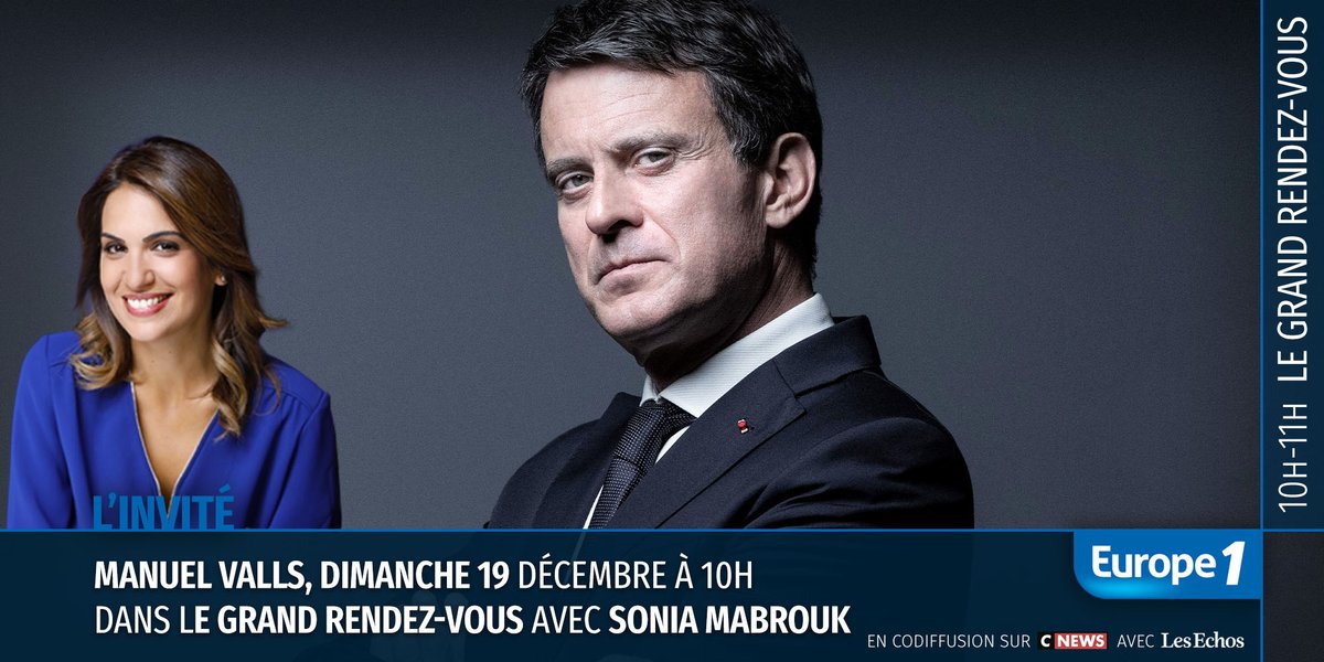Europe1's tweet photo. 🔵 Ce dimanche, dans #LeGrandRDV, @SoMabrouk reçoit l'ancien Premier ministre @manuelvalls de 10h à 11h sur #Europe1 https://t.co/Kxu4b9OjCh