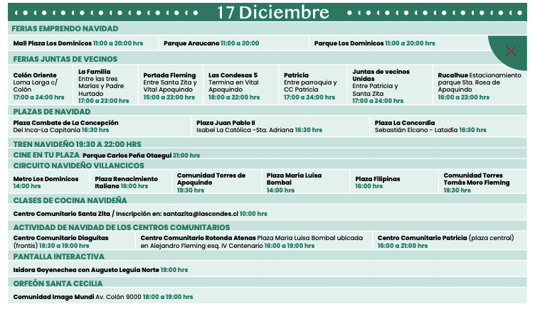 ¡Conoce las actividades, ferias y eventos navideños que Las Condes tiene para ti el día de hoy! Y si quieres informarte de los próximos días, revisa este link: bit.ly/3q3RB0G