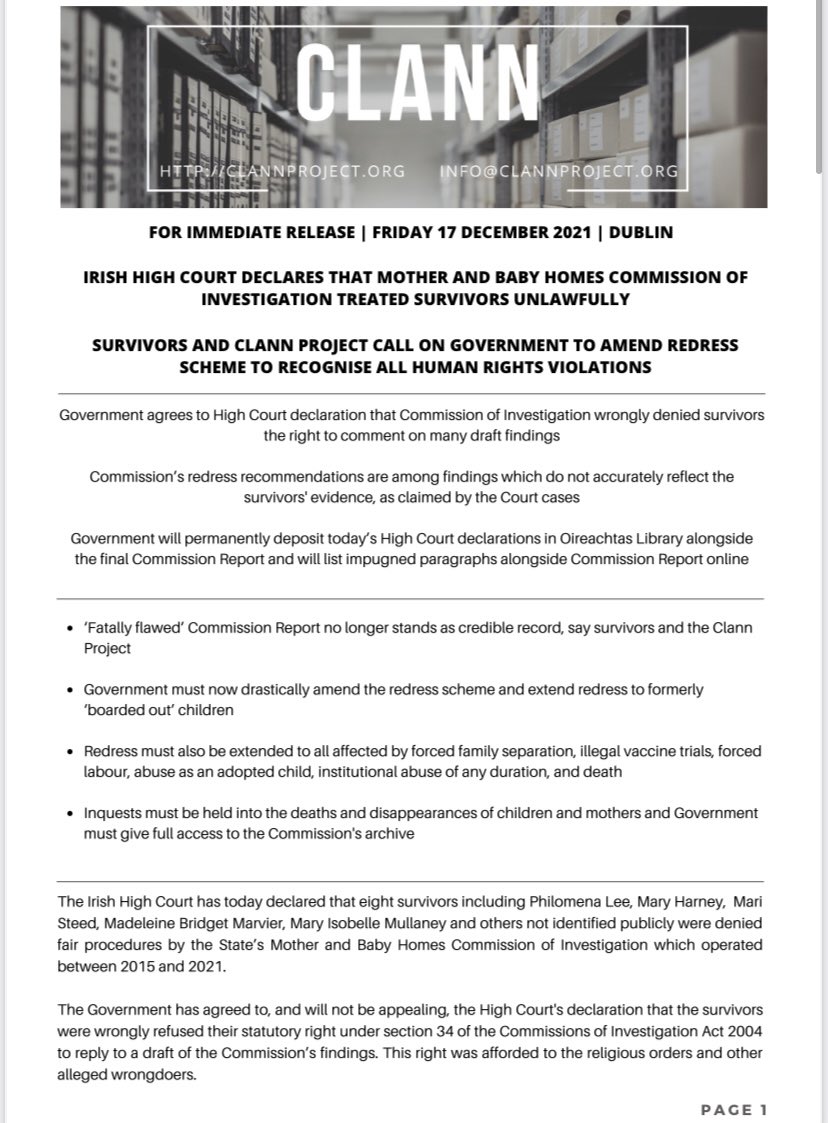 Elaine Loughlin (@elaine_loughlin) on Twitter photo 🚨 This is a massive development:
The High Court has declared that the Mother and Baby Homes Commission treated survivors unlawfully. Statement from <a href="/clann_project/">Clann Project</a> below 🚨 This is a massive development:
The High Court has declared that the Mother and Baby Homes Commission treated survivors unlawfully. Statement from <a href="/clann_project/">Clann Project</a> below