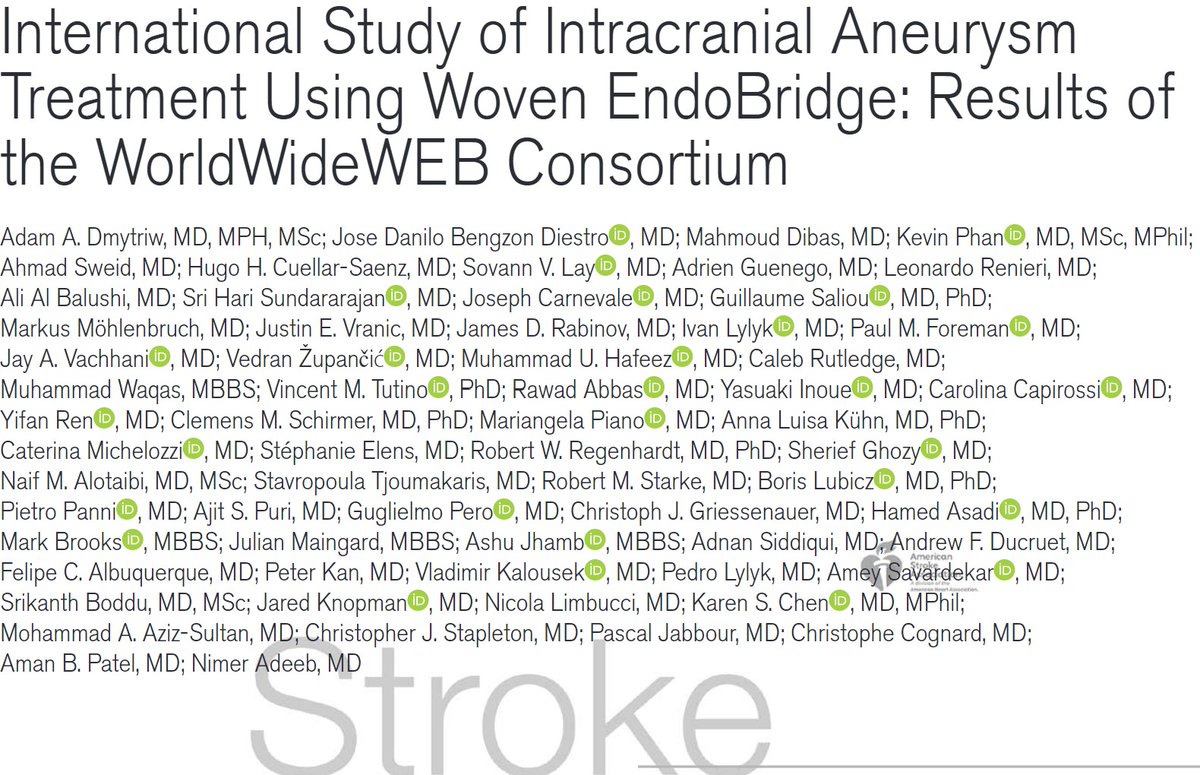 We can finally share the results of the WorldWideWEB Consortium, featuring 683 intracranial aneurysms. It's been an utter privilege to found and lead with the guidance of visionary co-investigators. @SNISinfo @BAFOUND @TAAF @NimerAdeeb @DanniDiestro ahajournals.org/doi/10.1161/ST…