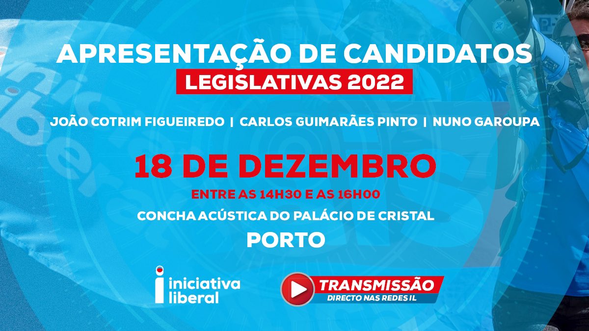 🔴🔵 LEGISLATIVAS 2022 - Apresentação de Candidatos

💥 João Cotrim Figueiredo
💥 Carlos Guimarães Pinto
💥 Nuno Garoupa 
💥 Joana Cordeiro 
💥 Rui Rocha 
💥 Cristiano Santos

A política portuguesa não vai ficar a mesma com a bancada da Iniciativa Liberal no Parlamento.

+