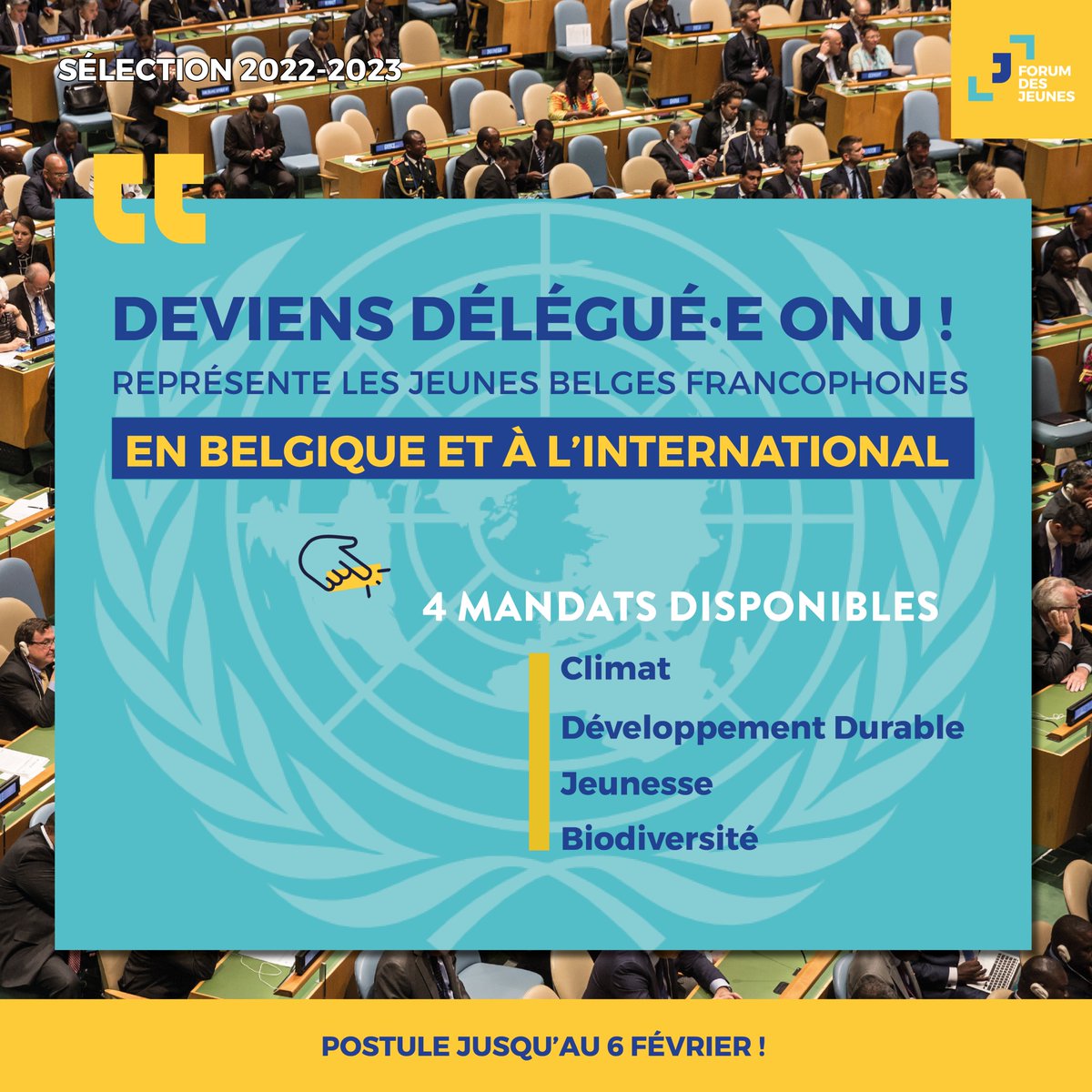 Forumjeunes_BE's tweet photo. Le climat, le développement durable, la jeunesse ou encore la biodiversité t’inspirent? Tu veux agir et avoir un impact aux niveaux belge et international?
Alors postule dès maintenant comme délégué·e ONU! RDV ici pour découvrir les 4 profils de fonction : https://t.co/s8EzpGUVze https://t.co/NzirHMQzMm