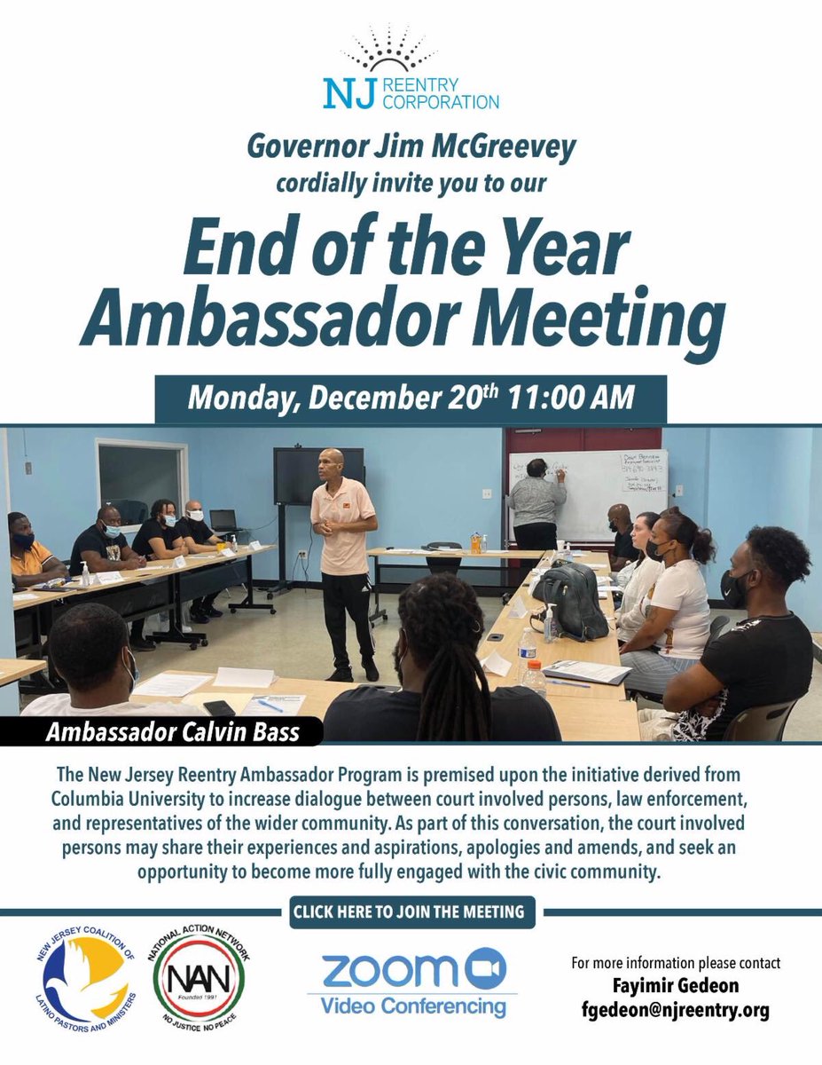 As another year at NJRC comes to a close former Governor Jim McGreevey would like to cordially invite you to our End of the Year Ambassador Meeting on Monday, December 20th at 11 am through Zoom.