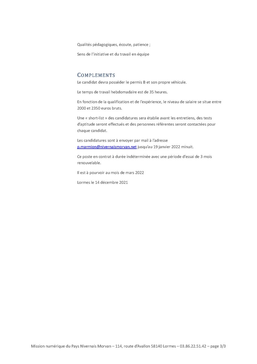 La Mission numérique du <a href="/PaysNiverMorvan/">PAYS NIVERNAIS MORVAN</a> recherche un médiateur #numerique  / Fabmanager pour le printemps prochain. Voici la fiche de poste. <a href="/fabienbazin/">fabien bazin</a> <a href="/christianpaul58/">Christian Paul</a> @PMinguetCRB <a href="/PBERNARD_CD58/">Pascal BERNARD</a> <a href="/blseguin/">Compte inactif</a>