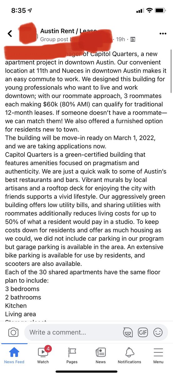 OverheardAustin's tweet photo. So there’s a new “dorm-style” apartment building called Capitol Quarters in downtown atx. charging $1550 per bedroom in a 3 bedroom 1000sqft apartment. Three roommates per 1000sqft!!! $4500 for a 1000sqft apartment cc: @EvilMopacATX https://t.co/4XSo0mOoLd